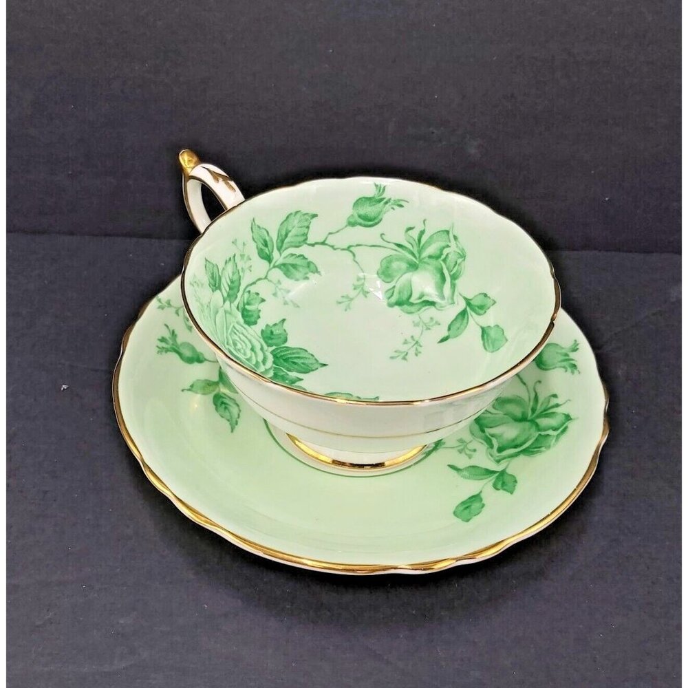 Paragon "Green Cabbage Rose" Teacup & Saucer–Double Warrant (c. 1939–1952)